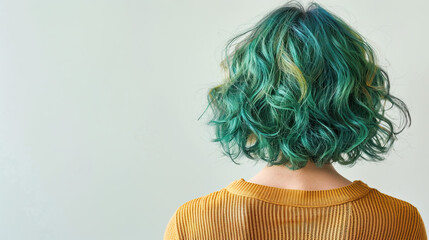 Rear view of dark green hair of girl with ombre balayage haircolor	
