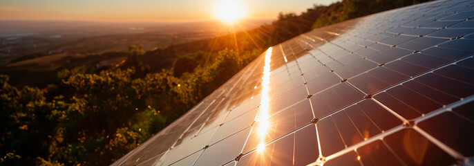 Solar panels gleam with the golden hues of sunset on a hillside, symbolizing a strong commitment to sustainable energy solutions and heralding a brighter, cleaner future for all. - obrazy, fototapety, plakaty