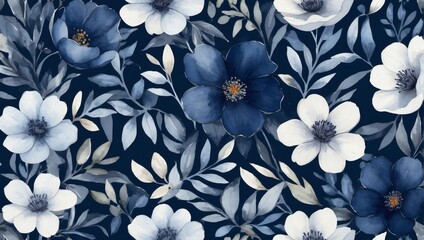 Navy blue floral texture. Watercolor deep flowers.