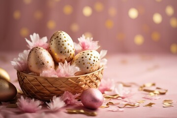 Fototapeta na wymiar Golden and pink Easter eggs in a basket with flowers on pink background. Side view, close-up. Easter concept, Easter eggs.