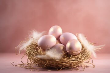 Fototapeta premium Golden and pink Easter eggs in a golden nest with feathers on pink background. Side view, close-up. Easter concept, Easter eggs.
