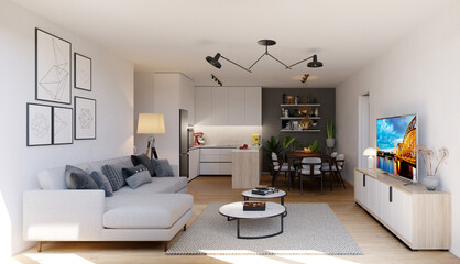 3D rendering of small apartment living room with open kitchen and dining table designed in modern style