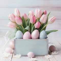 Easter pink and blue eggs and pink tulips bouquet in wooden box of wooden pastel blue background. Rural atmosphere