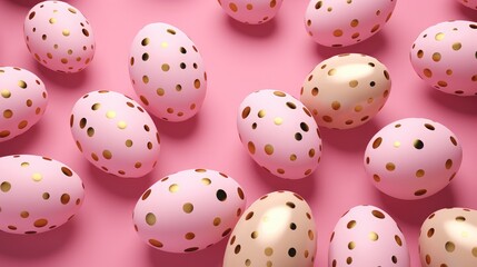 Obraz premium Happy easter. Pink and golden easter eggs on pink background. Close up.
