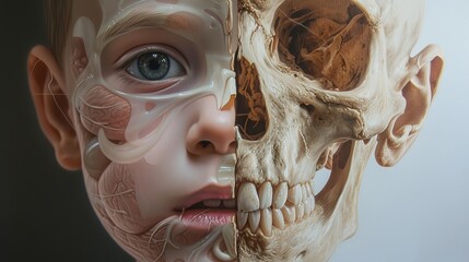 Detailed View of Half Human Skull Showcasing Internal Anatomy for Medical and Educational Purposes - obrazy, fototapety, plakaty
