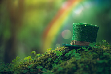 Leprechaun Hat on Forest Floor with Rainbow