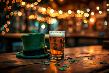 St. Patrick's Day Celebration: Beer Mug and Leprechaun Hat on Bar Table - obrazy, fototapety, plakaty