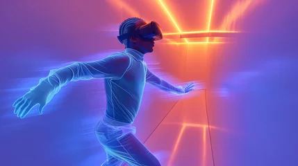 Crédence de cuisine en verre imprimé Bleu foncé Young black man wears VR headset, navigating digital realm amidst neon glow