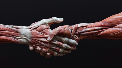Intricate Anatomical Handshake Showing Detailed Human Forearm and Hand Musculature, Tendons, and Blood Vessels