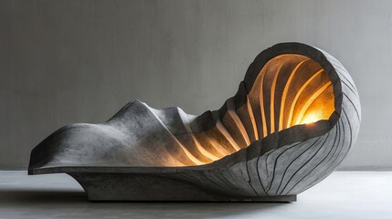 Modern interior decoration in the form of concrete shell with light inside