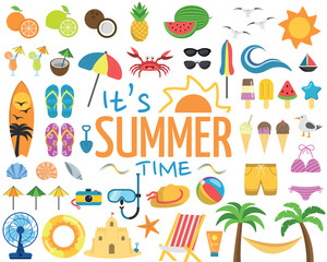 Set with over 40 Colorful and Fun Summer and Beach Items and It's Summer Time Logo. Icons Vector Illustrations III