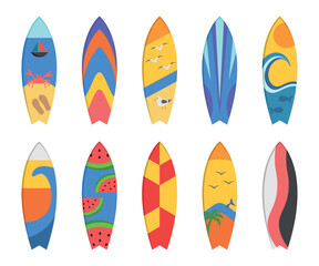 Collection 10 Illustrations of Surfboards with Different Prints Arts Summer and Beach Prints Set 2