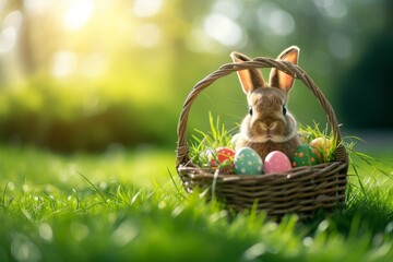 Happy Easter Eggs Basket rejoice. Bunny in flower easter floral decoration Garden. Cute hare 3d Turquoise Shore easter rabbit spring illustration. Holy week Copy space card wallpaper Rendering