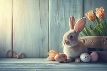 Happy Easter Eggs Basket good friday. Bunny in flower easter sunny decoration Garden. Cute hare 3d design elements easter rabbit spring illustration. Holy week grateful card wallpaper lavender