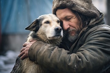homeless man with dog - obrazy, fototapety, plakaty