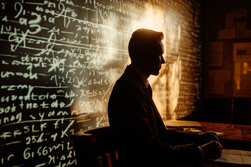 man in a suit is silhouetted with equations all over