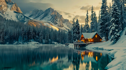 Beautiful view of lake with snow covered and wooden lodge, rocky mountains and pine forest on winter.