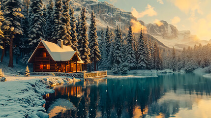 Beautiful view of lake with snow covered and wooden lodge, rocky mountains and pine forest on...
