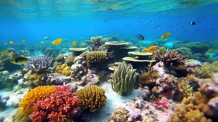 Obraz premium coral reefs and colorful fish in the blue sea.