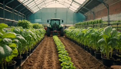 A tractor moves through a greenhouse of bok choy, showcasing modern agriculture's efficiency and the technological advancement in sustainable farming practices.