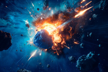 an explosion in space which is blowing up a blue asteroid