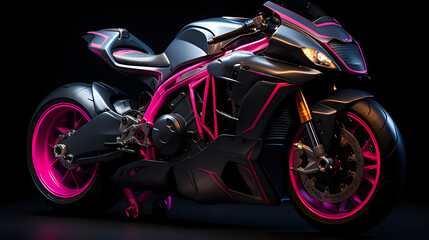 Sleek Motorcycle with Neon Highlights.
A sleek black motorcycle accented with striking neon pink details, showcasing a perfect blend of power and style for the modern rider.