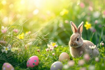 Happy Easter Eggs Basket chuckling. Bunny in flower easter Springtime decoration Garden. Cute hare 3d pollinators easter rabbit spring illustration. Holy week Crucifixion card wallpaper script