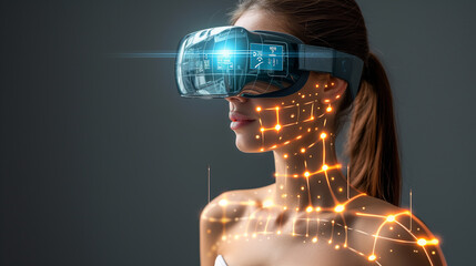 Woman uses advanced VR technology for body analysis, grey background