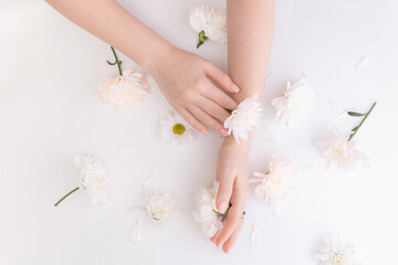 Concept hand care, antiwrinkles, antiaging cream, spa. Closeup beautiful sophisticated female hands with pink flowers on white background