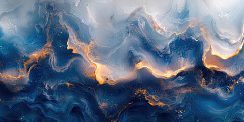 Sweeping blue and gold marble patterns create an elegant and fluid abstract art piece reminiscent of celestial clouds.