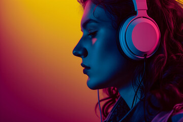 Neon portrait of a young girl wearing headphones listening to music