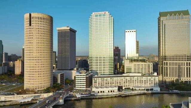Downtown district of Tampa city in Florida, USA. Skyline with high skyscraper buildings in modern American megapolis