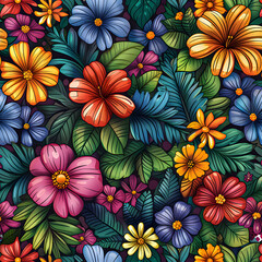 Plants leaves and flowers seamless pattern.