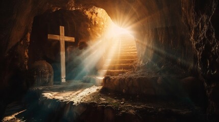beautiful cross of Jesus in a cave. Easter concept in high resolution and sharpness