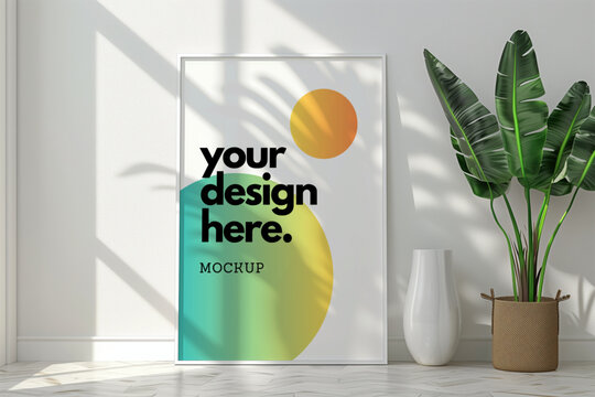 Poster mockup - white frame in a white background indoor with plant and vase