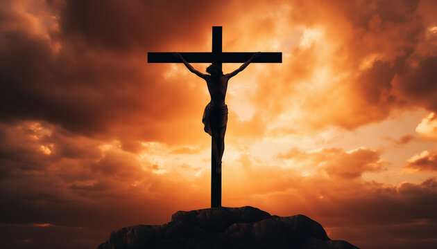 Image of the Crucifixion in Holy Week. Silhouette of Christ on the cross during sunset, on Good Friday