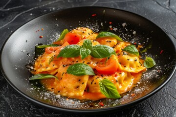 Delicious Italian ravioli in tomato sauce with basil on dark plate