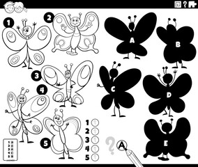 shadows activity with cartoon butterflies characters coloring page