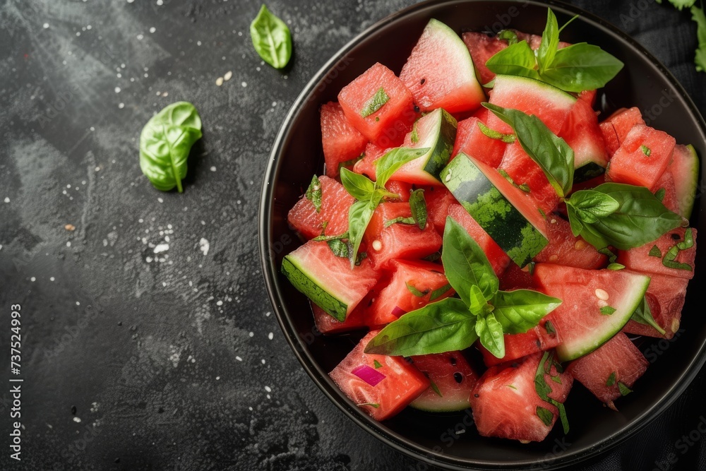 Canvas Prints Black background with bowl of delicious watermelon salad