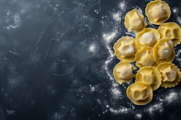 Fresh homemade Italian ravioli on dark surface seen from above - Powered by Adobe