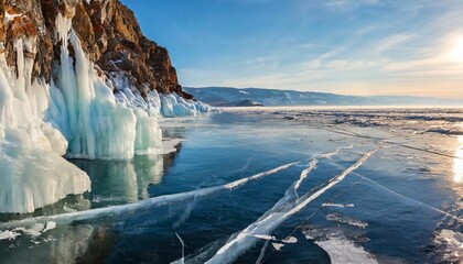 shore covered with ice washes and icicles on lake baikal on a winter