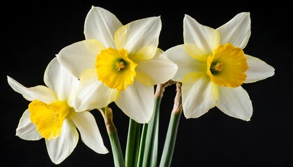 single stem with three yellow cupped white jonquil flowers