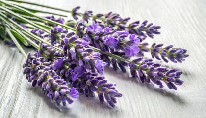 several fresh beautiful lavender flowers on a white