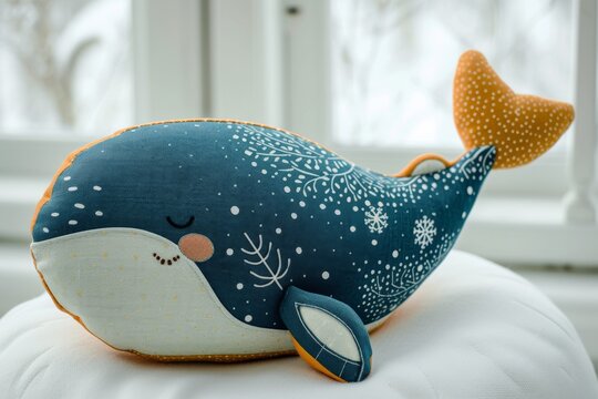 Close up photo of a whale pillow toy handmade with isolated white background