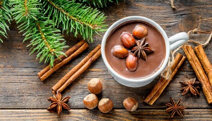 cup of homemade hot chocolate with hazelnuts and cinnamon sticks on wooden table top view christmas holiday background cozy home scene