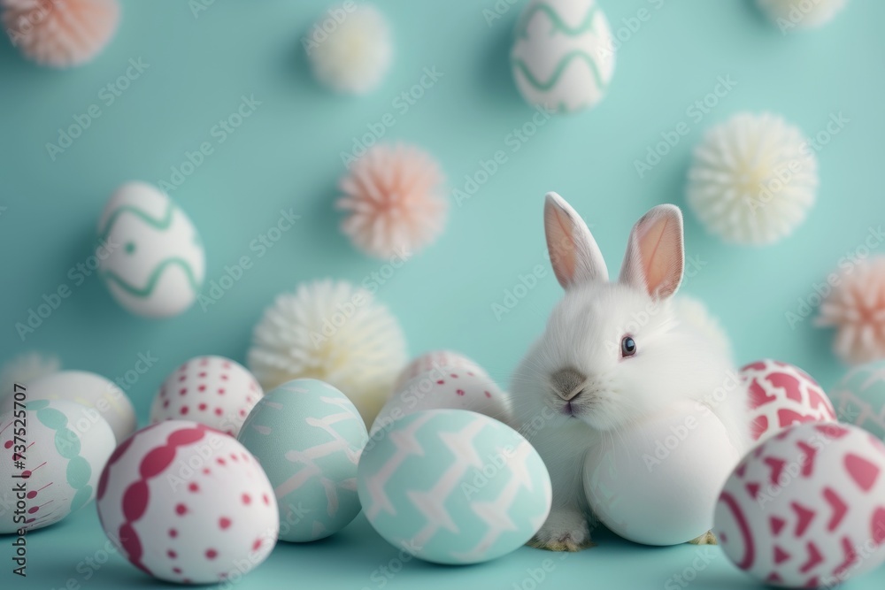 Wall mural Happy Easter Eggs Basket writing panel. Bunny in flower easter Turquoise Green decoration Garden. Cute hare 3d periwinkle easter rabbit spring illustration. Holy week soil card wallpaper trendy - Wall murals
