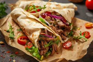Delicious doner kebabs with salad roasted meat and tortilla wraps served as a takeaway snack