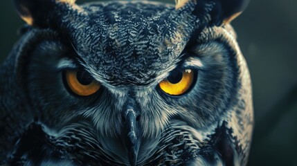Great Horned Owl staring with golden eyes - obrazy, fototapety, plakaty