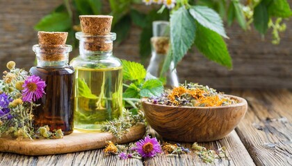 concept of alternative herbal medicine bottles of tincture or potion organic essential oils dry healthy herbs floral extracts on wooden table pure natural ingredients for cosmetic production - obrazy, fototapety, plakaty