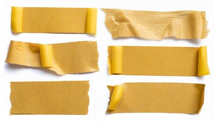 six pieces strips of ripped yellow textured adhesive kraft paper masking tape attach something or use as labels and add some text isolated design element